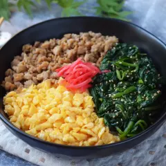 A colorful sanshoku don bowl with scrambled eggs, seasoned ground meat, and spinach, topped with pickled ginger.