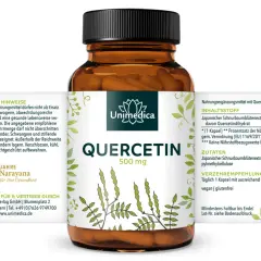 Flasche mit Quercetin-Kapseln (500 mg). Die Wirkung von Quercetin wird durch den japanischen Schnurbaumblütenextrakt unterstützt. Vegan, glutenfrei.