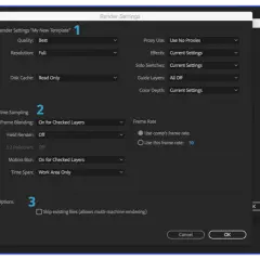 After Effects render settings: Quality, Resolution, Disk Cache, Time Sampling, Frame Rate, and Options. Learn how to render in After Effects.