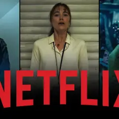 Drei Szenen aus einem spannenden Netflix-Thriller. Ein Mann mit Polizeimarke, eine Frau mit Verletzung und ein Mann mit Handy. Der beste Thriller, den Sie je gesehen haben!