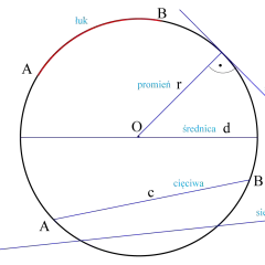 Ilustracja geometryczna z łukiem, promieniem, średnicą, styczną i sieczną. Twierdzenie o stycznej i siecznej jest tu wizualizowane.