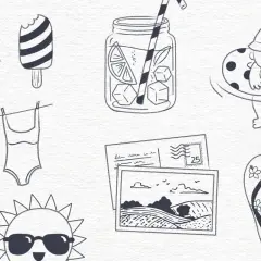 Un dibujo de verano con helados, toalla, bañador, sol con gafas, jarra de limonada, bebé en flotador, postales y chanclas.