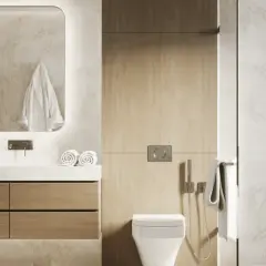 Aménagement petite salle de bain 4m2 : meuble vasque bois, miroir rétroéclairé, douche moderne.