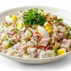 Ein cremiger Thunfischsalat mit Eiern, Gurken und Zwiebeln, garniert mit Petersilie und Schnittlauch.