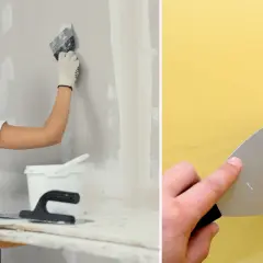 En kvinna med blå hängselbyxor och vit t-shirt använder en spackel för att slipa spackel på en vägg. En närbild visar en hand som applicerar spackel.