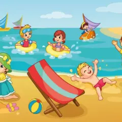 Dzieci bawią się na plaży, budują zamki z piasku, pływają w kołach, a jedna dziewczynka odpoczywa pod parasolem. Jakby śpiewały "szły pchły koło wody".