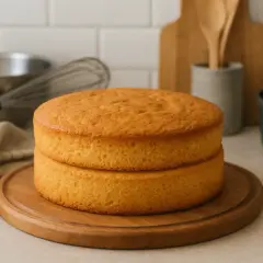 Deux disques de pâte à cake dorés, prêts à être assemblés. Idéal pour conserver la fraîcheur au frigo avant décoration.