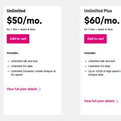Porównanie planów T-Mobile: Unlimited za $50/mies. (nielimitowany internet 5G, hotspot 3G) i Unlimited Plus za $60/mies. (nielimitowany internet 5G, 10GB szybkiego hotspotu). Idealne dla eSIM.