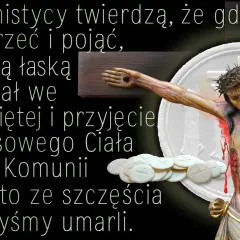 Ofiarowanie podczas mszy to przyjęcie Ciała i Krwi Chrystusa. Obraz przedstawia ukrzyżowanego Jezusa i hostie.