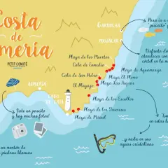 Mapa ilustrado de la Costa de Almería, destacando playas como la cala del carnaje, Mojácar y Cabo de Gata. Incluye iconos de sol, cócteles y actividades.
