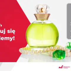 Flakon perfum, naszyjnik z pereł i zielone kamienie obok ikonek pojazdów i limitów euro.