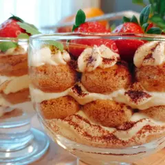 Pyszne tiramisu w pucharkach, przełożone kremem i biszkoptami, ozdobione truskawkami i kakao.