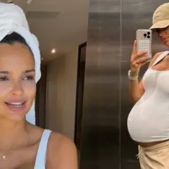 Klaudia El Dursi w ciąży, z ręcznikiem na głowie i w białej bluzce, a obok selfie z widocznym brzuszkiem ciążowym.