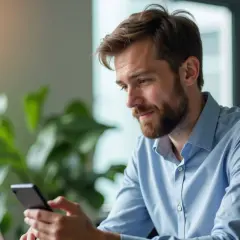Mężczyzna z brodą korzysta z telefonu i laptopa, planując leasing w Peako.