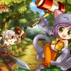 Dwoje uroczych bohaterów w stylu anime mmorpg, chłopiec z mieczem i dziewczynka z młotem, w lesie.