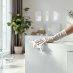 Rękawiczka w białej rękawiczce czyści matowe białe meble. Delikatny środek czyszczący w butelce obok.