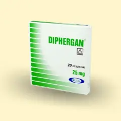 Opakowanie leku Diphergan 25 mg, zawierające 20 drażetek.