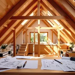 Na stole leżą plany architektoniczne. W tle widać kuchnię i schody prowadzące na poddasze użytkowe, które jest pełnoprawną kondygnacją.