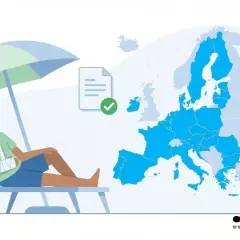 Mann mit Armschlinge entspannt am Strand. Krankengeld-Urlaub im Nicht-EU-Ausland? Eine Waage symbolisiert rechtliche Fragen.
