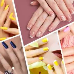 Collage di mani con unghie decorate: giallo vivace, french manicure elegante, blu glitterato, rosa pastello e unghie con disegni floreali.