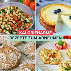 Vier Bilder zeigen gesunde Gerichte: Kichererbsen-Salat, Käsekuchen, Vollkornbrötchen und herzhafte Muffins. Perfekt für ein kalorienarmes Abendessen zum Abnehmen.