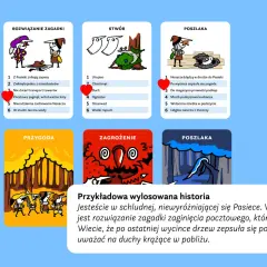 Karty do gry: Pasieka, Zagadka, Stwór, Poszlaka. Przykład historii: zaginięcie pocztowego w Pasiece, gdzie czają się duchy. To świetne zabawy dla dorosłych!