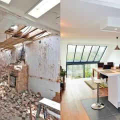 Avant/après : une maison en ruine transformée en cuisine moderne et lumineuse. Un choix entre construire ou acheter.