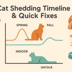 Cat shedding timeline shows peak shedding in spring and fall. Indoor cats shed less. Tools like brushes, vacuums, and omega supplements help manage cat shedding.