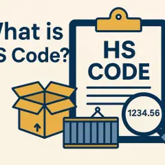 Kartonowe pudełko, kontener i lupa z numerem 1234.56 obok dokumentu z napisem HS CODE. To wszystko wyjaśnia, czym jest kod HS.