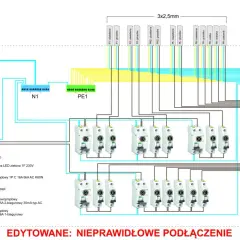Najprostszy schemat domowej instalacji elektrycznej z wyłącznikami i zabezpieczeniami. Widoczne oznaczenia obwodów oświetlenia i gniazdek.