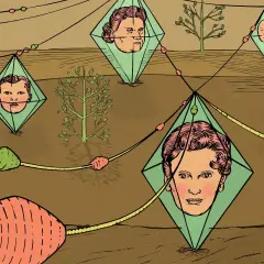 Psychologia: chęć posiadania dziecka. Portrety w diamentach, połączone sznurkami, symbolizują pragnienie potomstwa i jego psychologiczne aspekty.