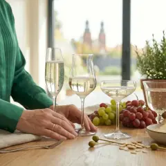Dłoń elegancko trzyma kieliszek do szampana, obok inne kieliszki, winogrona i ser.