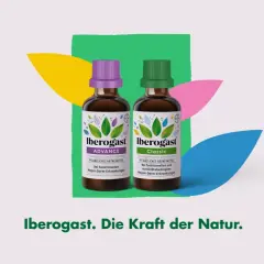 Zwei Iberogast Flaschen, Advance und Classic, stehen für die Iberogast Einnahme. Sie sind von bunten Blättern umgeben.