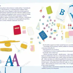 Litery A i A u lekarza. Wokół litery, przybory do pisania, książki o typografii i anatomii. Lekarz martwi się o literę A, środkową literę alfabetu.