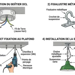 Schéma illustrant comment fixer un plafonnier au plafond avec boîtier DCL, incluant la préparation du boîtier, la fixation du crochet, le perçage et l'installation finale.