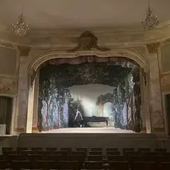 En ensam person vid ett piano på en scen med en skogsmålning, i den vackra teatersalongen på **Confidencen Ulriksdal**.