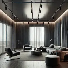 Nowoczesny salon z szyną sufitową i oświetleniem tworzącym nastrojowe szare aranżacje.