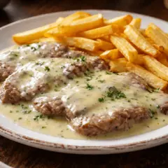 Tres escalopines al cabrales cubiertos de salsa cremosa y acompañados de patatas fritas doradas.