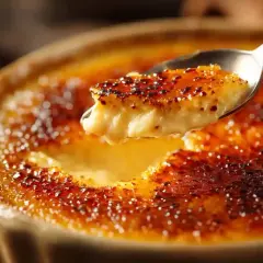 Une cuillère prélève une bouchée d'une véritable recette crème brûlée, révélant sa texture crémeuse sous une croûte caramélisée et craquante.