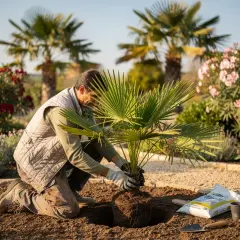 Un homme agenouillé est en train de planter un palmier dans un jardin ensoleillé, entouré de fleurs roses et de lavande.