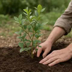 Sadzenie borówki jesienią lub wiosną to najlepszy czas. Dłonie delikatnie umieszczają młodą sadzonkę w żyznej ziemi.