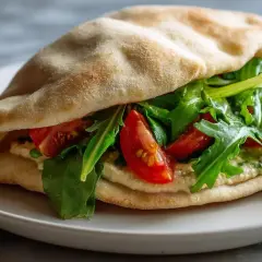 Sandwich pita garni de houmous, roquette et tomates. Une recette simple et savoureuse.