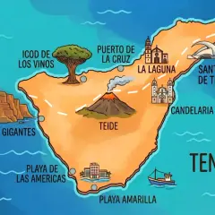Mapa Teneryfy, gdzie leży, z zaznaczonymi atrakcjami: Teide, Los Gigantes, Puerto de la Cruz, La Laguna, Santa Cruz.