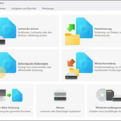 O&O DiskImage 18: Menü für Laufwerkssicherung, Dateisicherung, inkrementelle Sicherung, Wiederherstellung, 1-Klick-Sicherung, Klonen und Erstellung von Wiederherstellungsmedien.