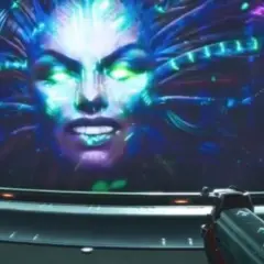 Złowroga twarz SHODAN na ekranie, otoczona neonowymi kablami, zapowiada kolejne wyzwania w System Shock 3.