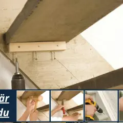 Fixar en knarrande trappa med träkilar och skruv. En borr skruvar fast en träbit under trappsteget.