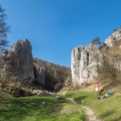 Skały wspinaczkowe w Dolinie Bolechowickiej, z wspinaczami na ścianach i ludźmi odpoczywającymi na trawie.