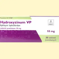 Opakowanie leku Hydroxyzinum VP, zawierające 30 tabletek powlekanych po 10 mg.
