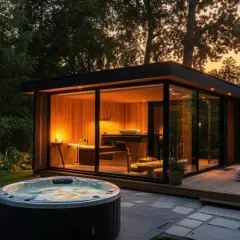 Nowoczesna budowa sauny z przeszklonymi ścianami, obok jacuzzi, w otoczeniu zieleni o zachodzie słońca.