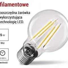 Energooszczędna żarówka filamentowa LED w stylu retro, model A60. Ma gwint E27, moc 5W, strumień świetlny 1060 lm i żywotność 50 000 h.